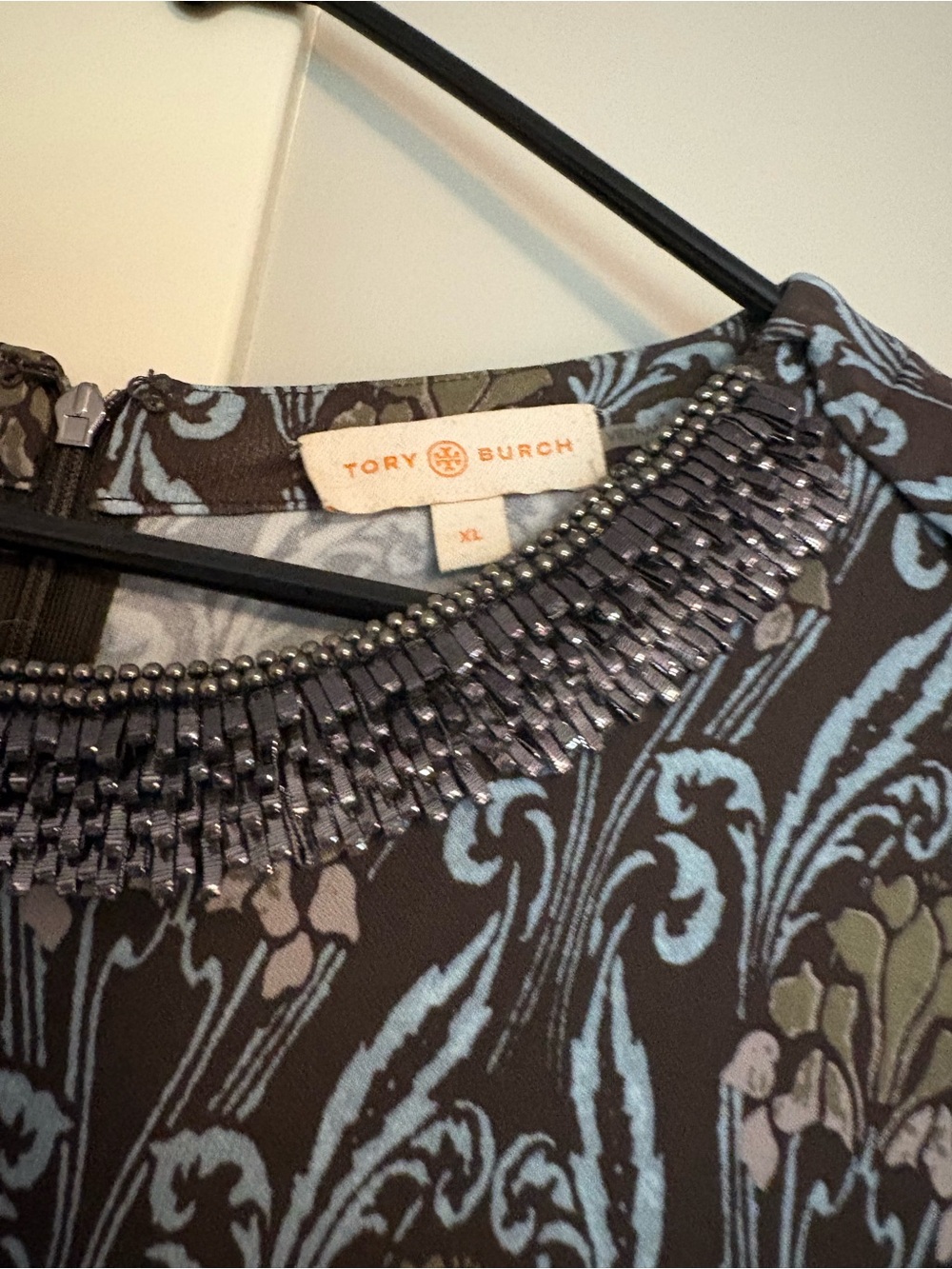 Tory Burch Brown Dress with Light Blue Floral Motif and Beaded Neckline - Picture 2 of 4